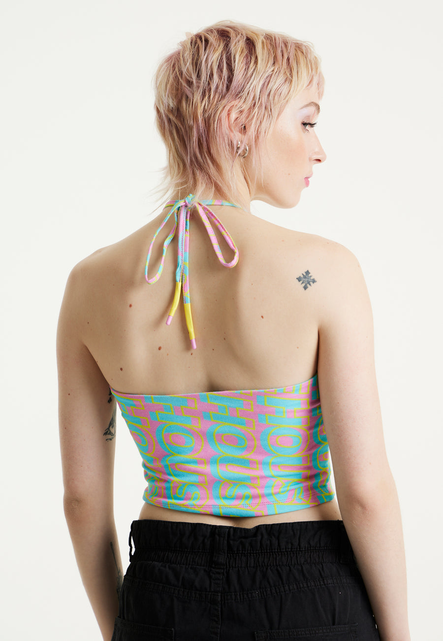 House Of Holland Logo Printed Halter Neck Crop Top