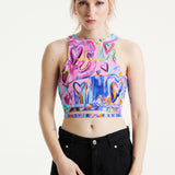 House Of Holland Heart Printed Jersey Top With Open Back