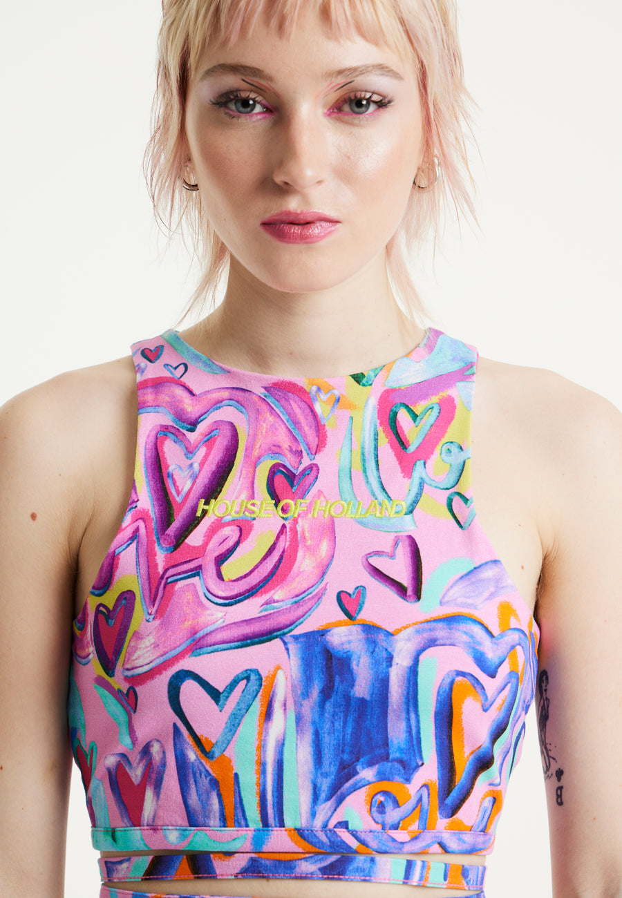 House Of Holland Heart Printed Jersey Top With Open Back