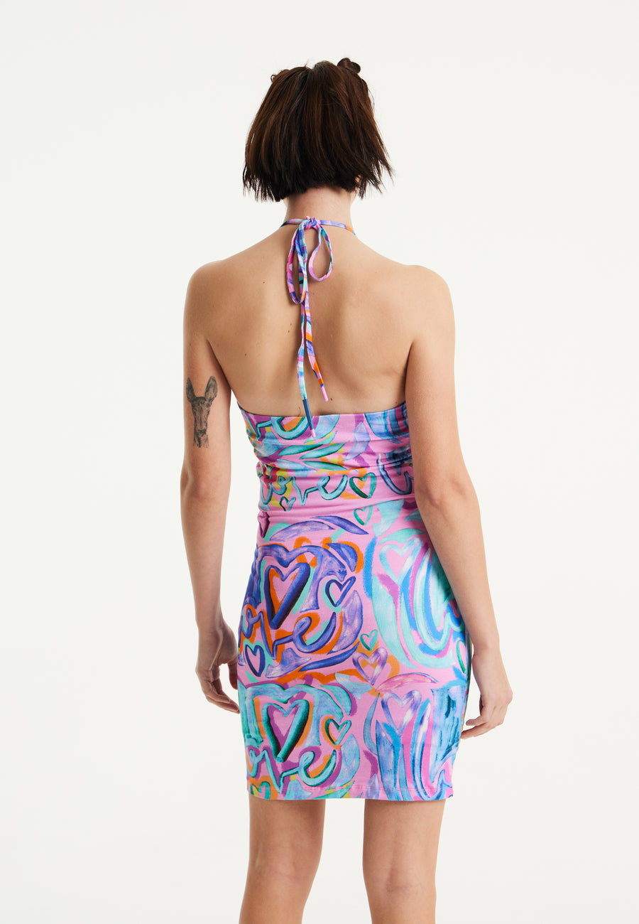 House Of Holland Heart Printed Mini Jersey Dress In Pink