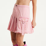 House of Holland Light Pink Pleated Denim Skirt with Studded Embroidered Logo