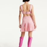 House of Holland Light Pink Pleated Denim Skirt with Studded Embroidered Logo