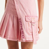 House of Holland Light Pink Pleated Denim Skirt with Studded Embroidered Logo