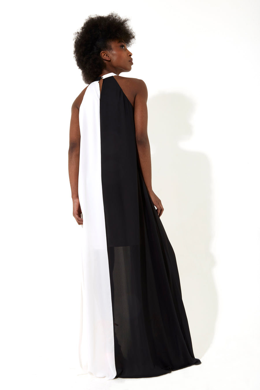 HOUSE OF HOLLAND HALTER NECK SLEEVELESS DRAMATIC MAXI DRESS IN BLACK AND WHITE