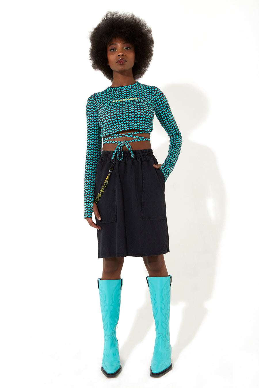 HOUSE OF HOLLAND GEOMETRIC PRINT CROP TOP IN GREEN AND BROWN