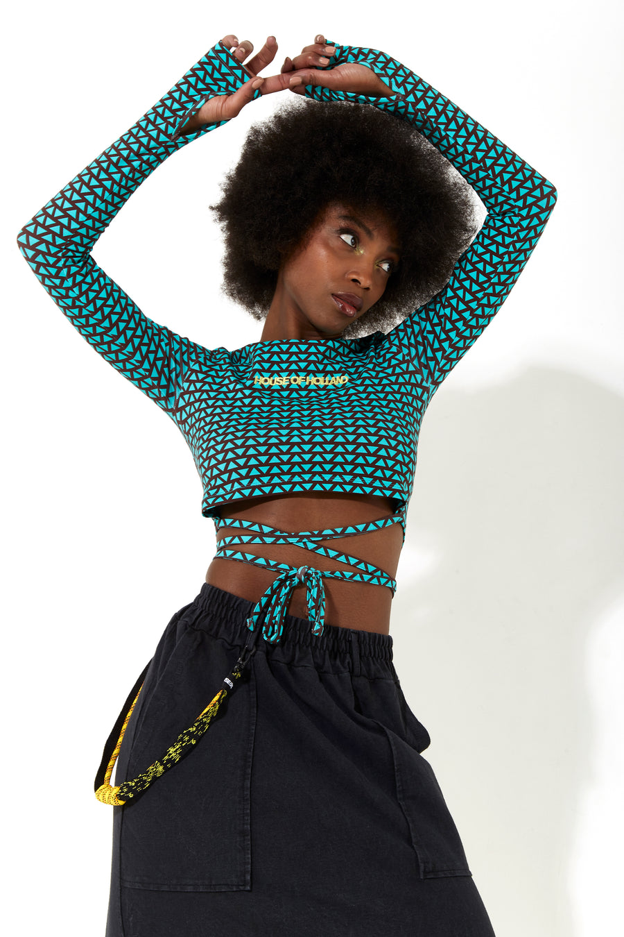 HOUSE OF HOLLAND GEOMETRIC PRINT CROP TOP IN GREEN AND BROWN