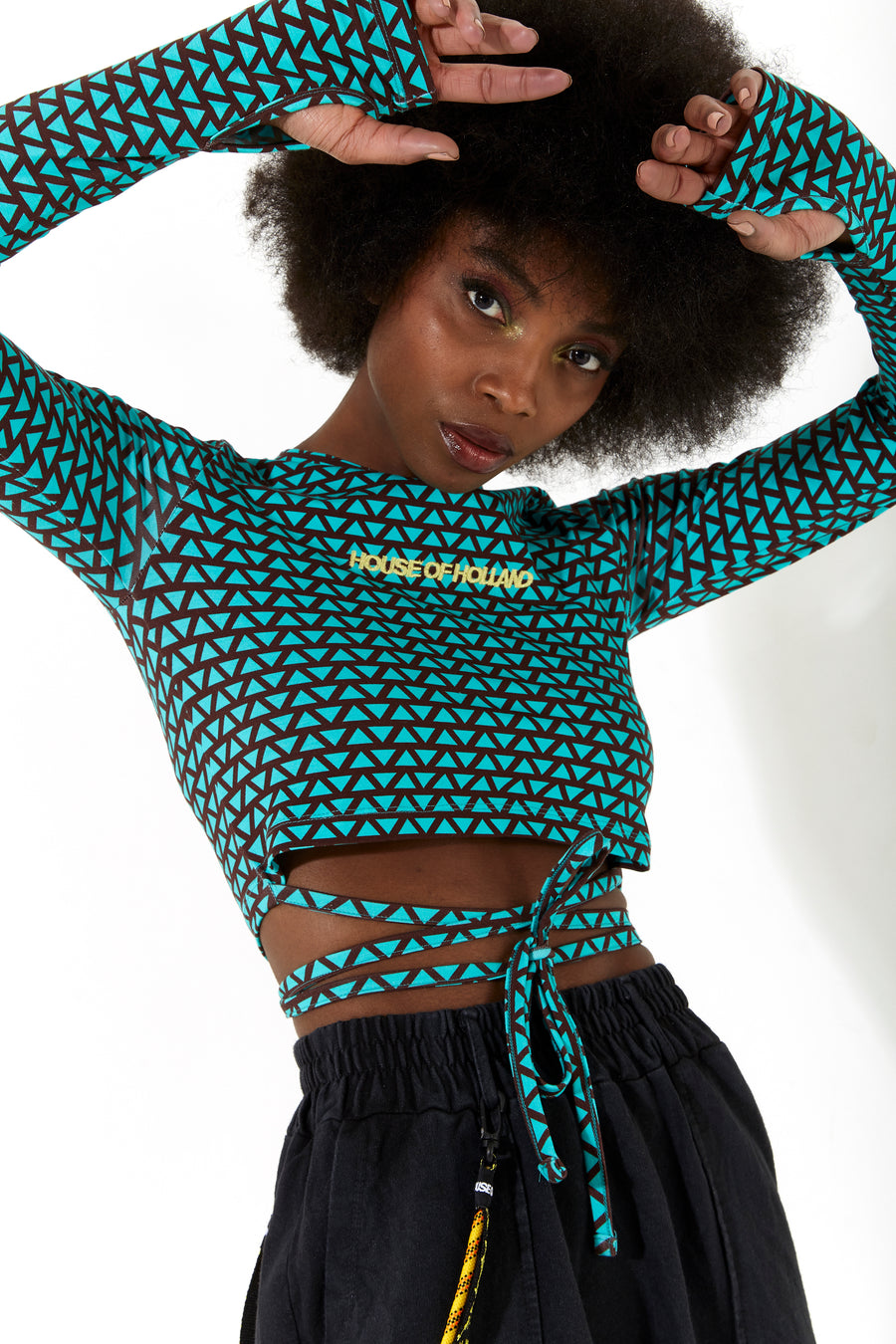 HOUSE OF HOLLAND GEOMETRIC PRINT CROP TOP IN GREEN AND BROWN
