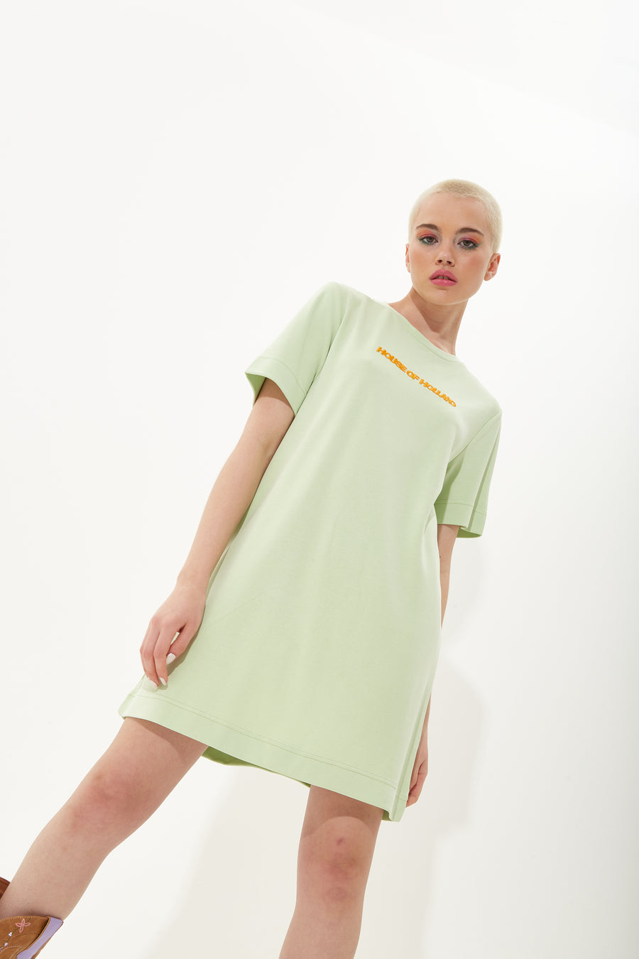 HOUSE OF HOLLAND SAGE TENCEL T-SHIRT DRESS WITH LOGO EMBROIDERY