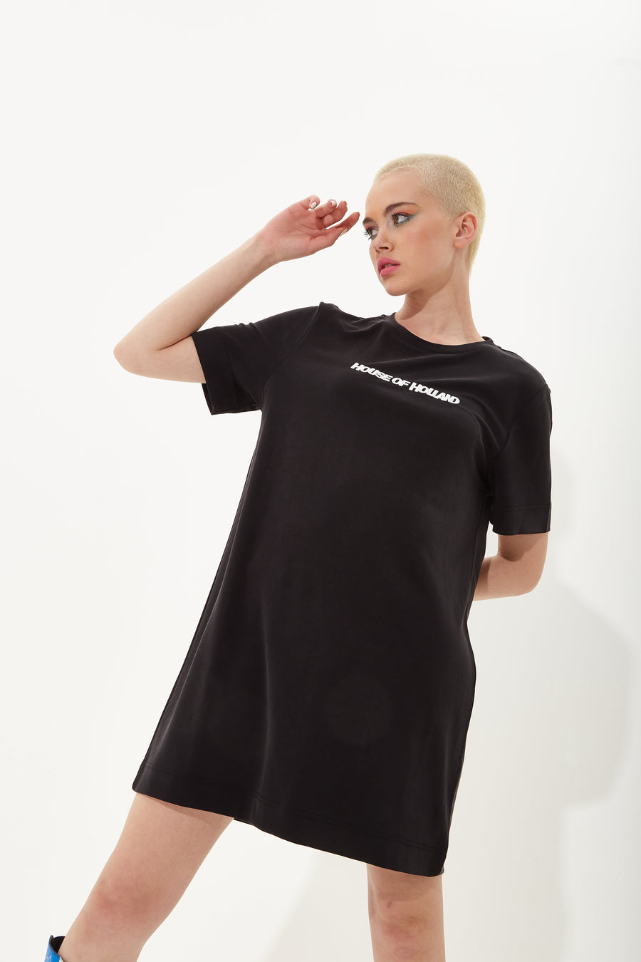 HOUSE OF HOLLAND BLACK TENCEL T-SHIRT DRESS WITH LOGO EMBROIDERY