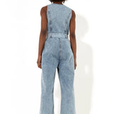 House of Holland Blue 90’s Look Denim Jumpsuit With A Belt And Tortoise Shell Buttons