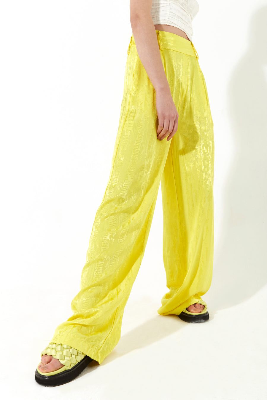 House of Holland Wide Leg High Waisted Jacquard Trousers in Neon Yellow