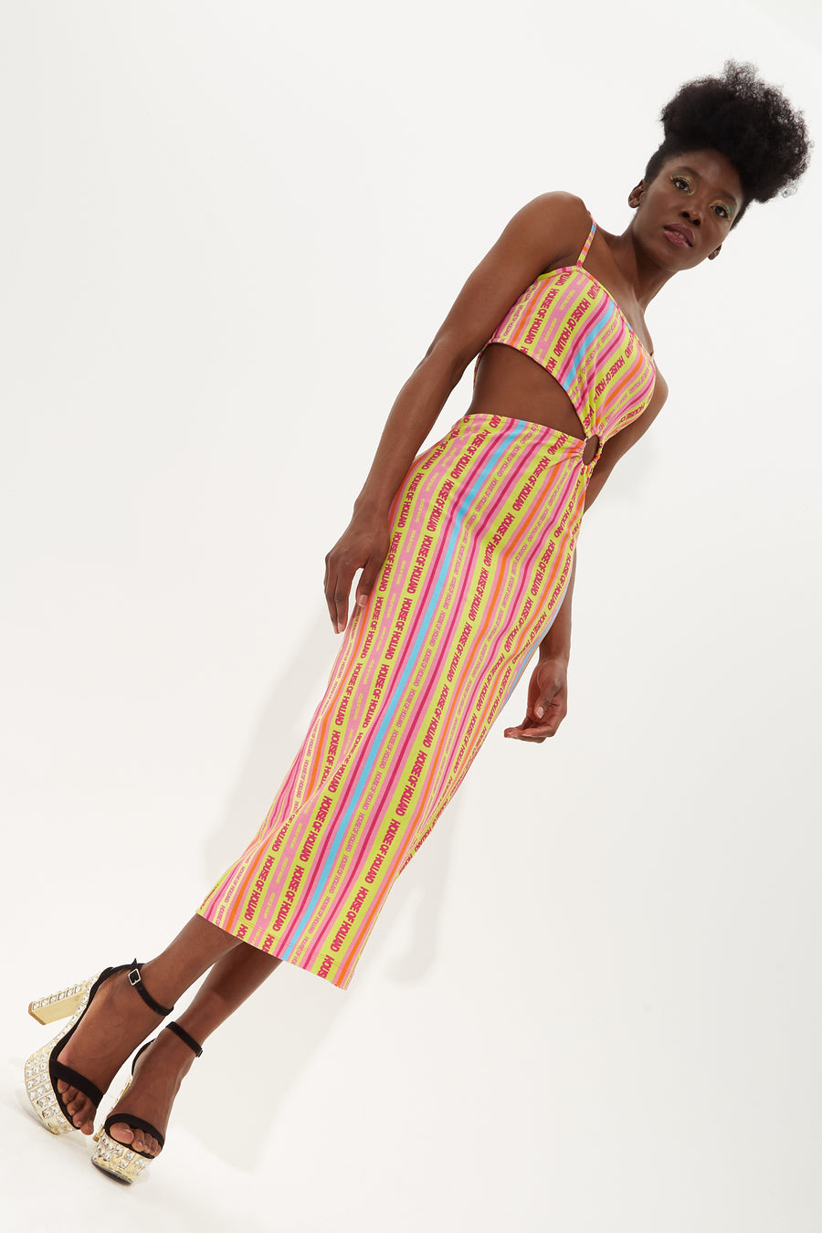 HOUSE OF HOLLAND PRINTED JERSEY MIDI DRESS WITH CUT OUT DETAIL