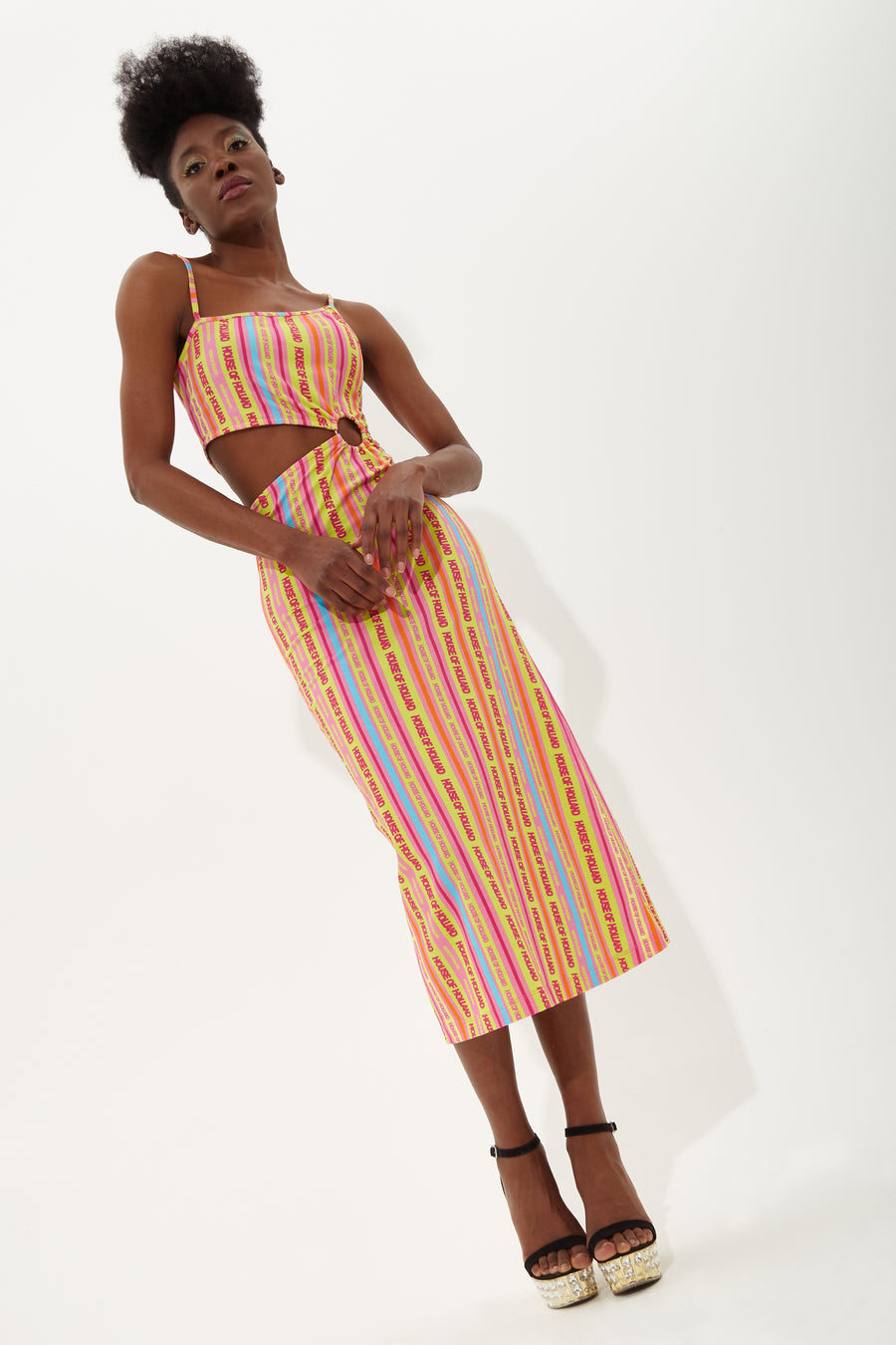 HOUSE OF HOLLAND PRINTED JERSEY MIDI DRESS WITH CUT OUT DETAIL