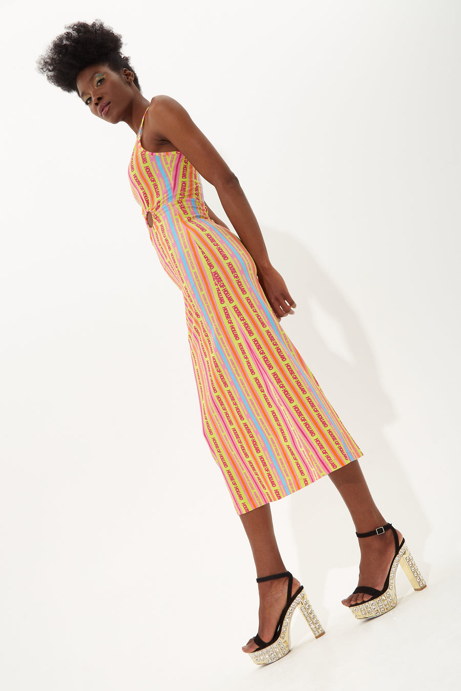 HOUSE OF HOLLAND PRINTED JERSEY MIDI DRESS WITH CUT OUT DETAIL