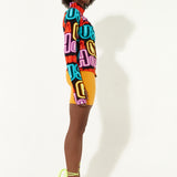 House of Holland High Neck Multi Colour Neon Light Print Jersey Top with Thumb Holes and a Key Hole Cut Out
