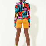 House of Holland High Neck Multi Colour Neon Light Print Jersey Top with Thumb Holes and a Key Hole Cut Out