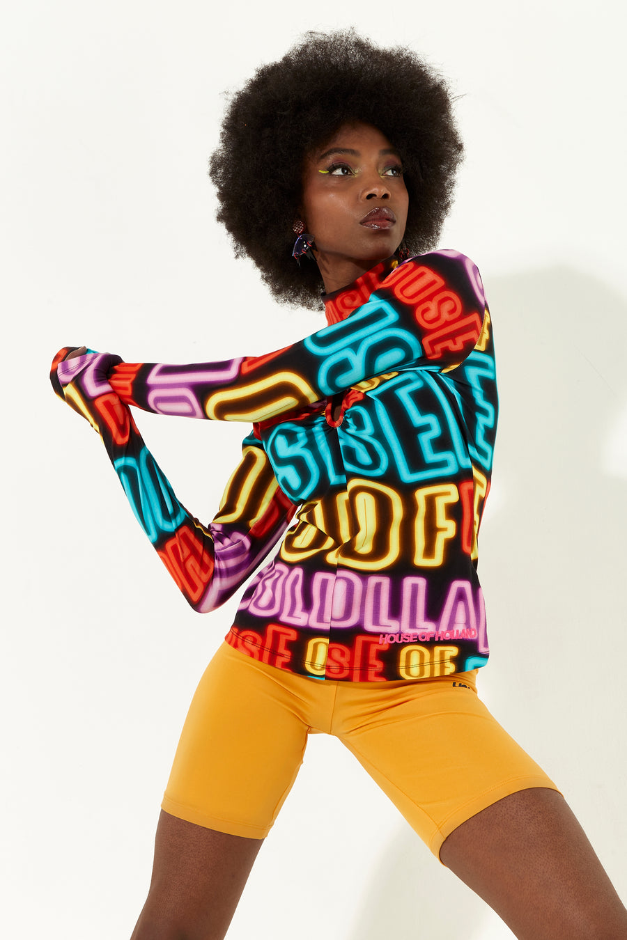 House of Holland High neck multi colour neon light print jersey top with thumb holes and a key hole cut out
