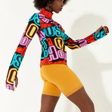 House of Holland High Neck Multi Colour Neon Light Print Jersey Top with Thumb Holes and a Key Hole Cut Out