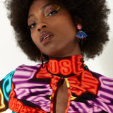 House of Holland High Neck Multi Colour Neon Light Print Jersey Top with Thumb Holes and a Key Hole Cut Out