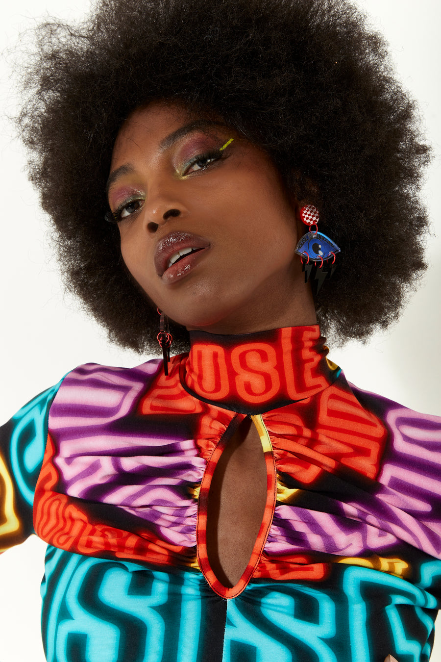 House of Holland High neck multi colour neon light print jersey top with thumb holes and a key hole cut out