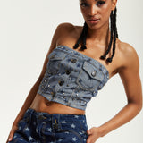 House of Holland Star Print Grey Denim Bandeau Top