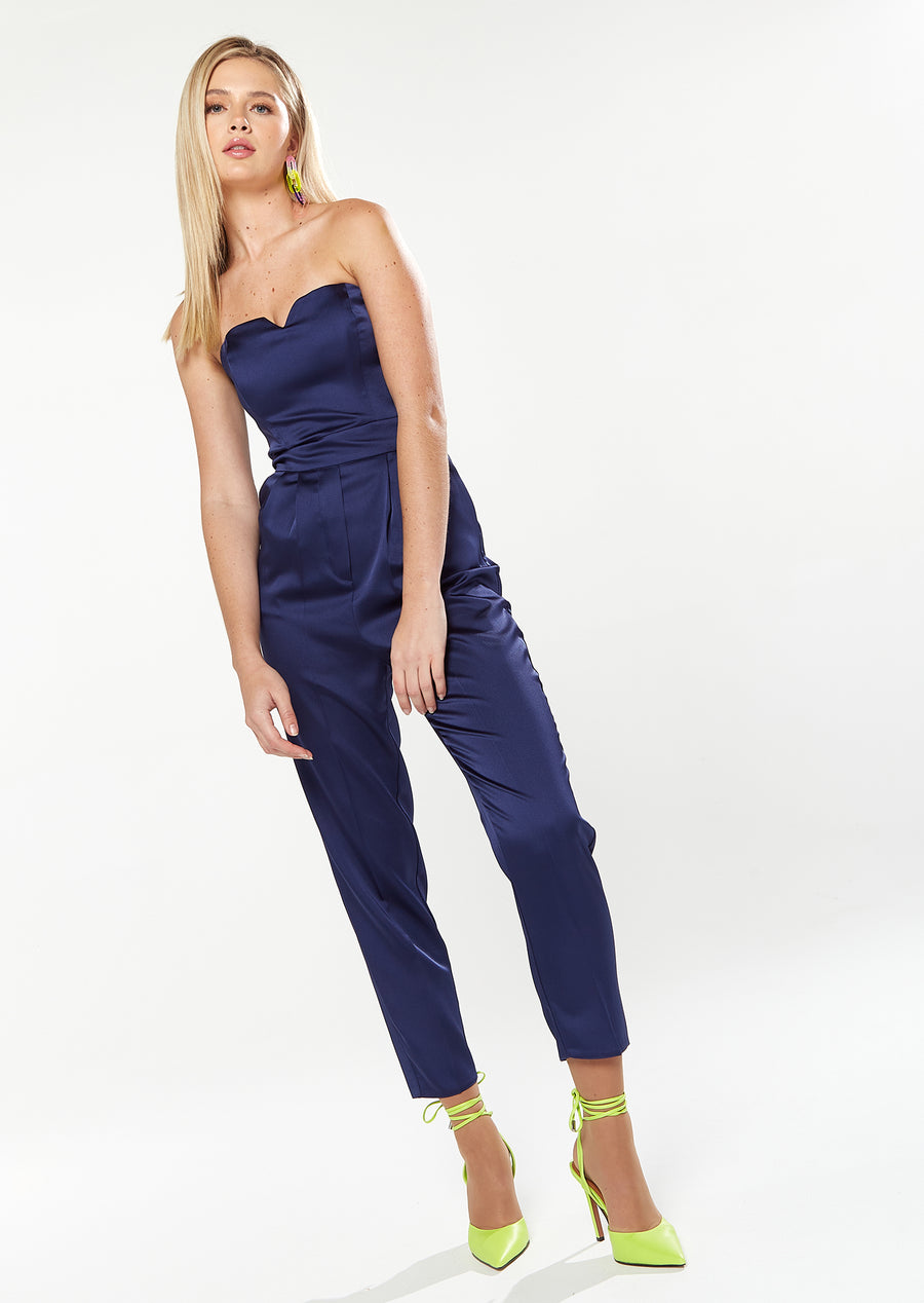 HOUSE OF HOLLAND SATIN BANDEAU JUMPSUIT IN NAVY
