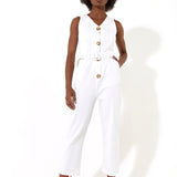 House of Holland White 90’s Look Denim Jumpsuit with a Belt and Tortoise Shell Buttons