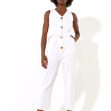 House of Holland White 90â€™s Look Denim Jumpsuit with a Belt and Tortoise Shell Buttons