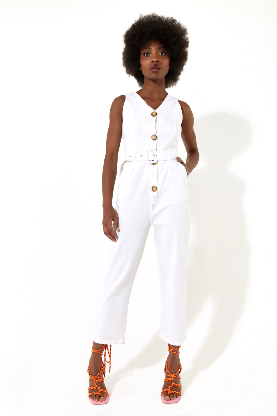 House of Holland White 90’s Look Denim Jumpsuit with a Belt and Tortoise Shell Buttons