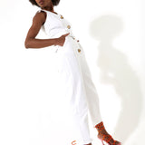 House of Holland White 90â€™s Look Denim Jumpsuit with a Belt and Tortoise Shell Buttons