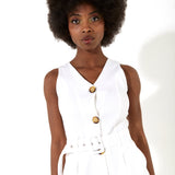 House of Holland White 90â€™s Look Denim Jumpsuit with a Belt and Tortoise Shell Buttons