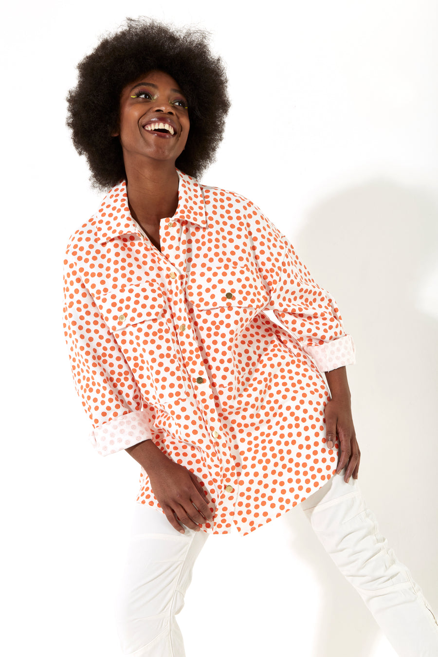 House of Holland Orange Polka Dot Oversized Shirt with Gold Buttons