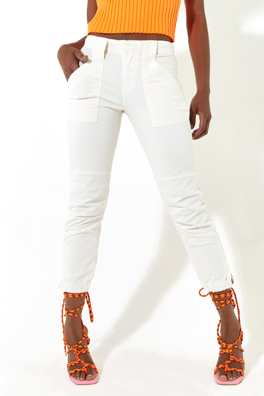 House of Holland Off White Skinny Cropped Trousers With a Pocket Detail and Metal Zip Detail