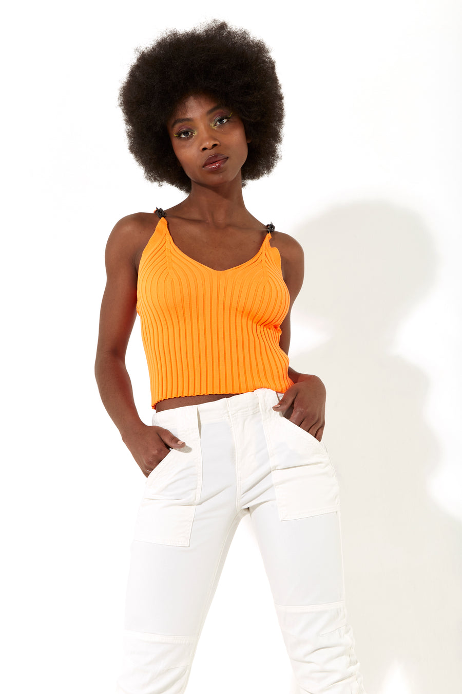 House of Holland v neck knitted stretch top with chain detail straps