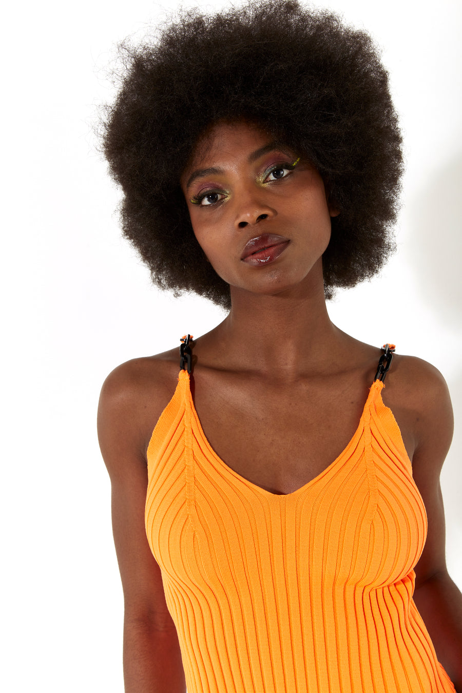 House of Holland v neck knitted stretch top with chain detail straps