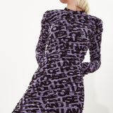 House Of Holland Rouched Mesh Long Sleeve Printed Mini Dress In Purple And Black