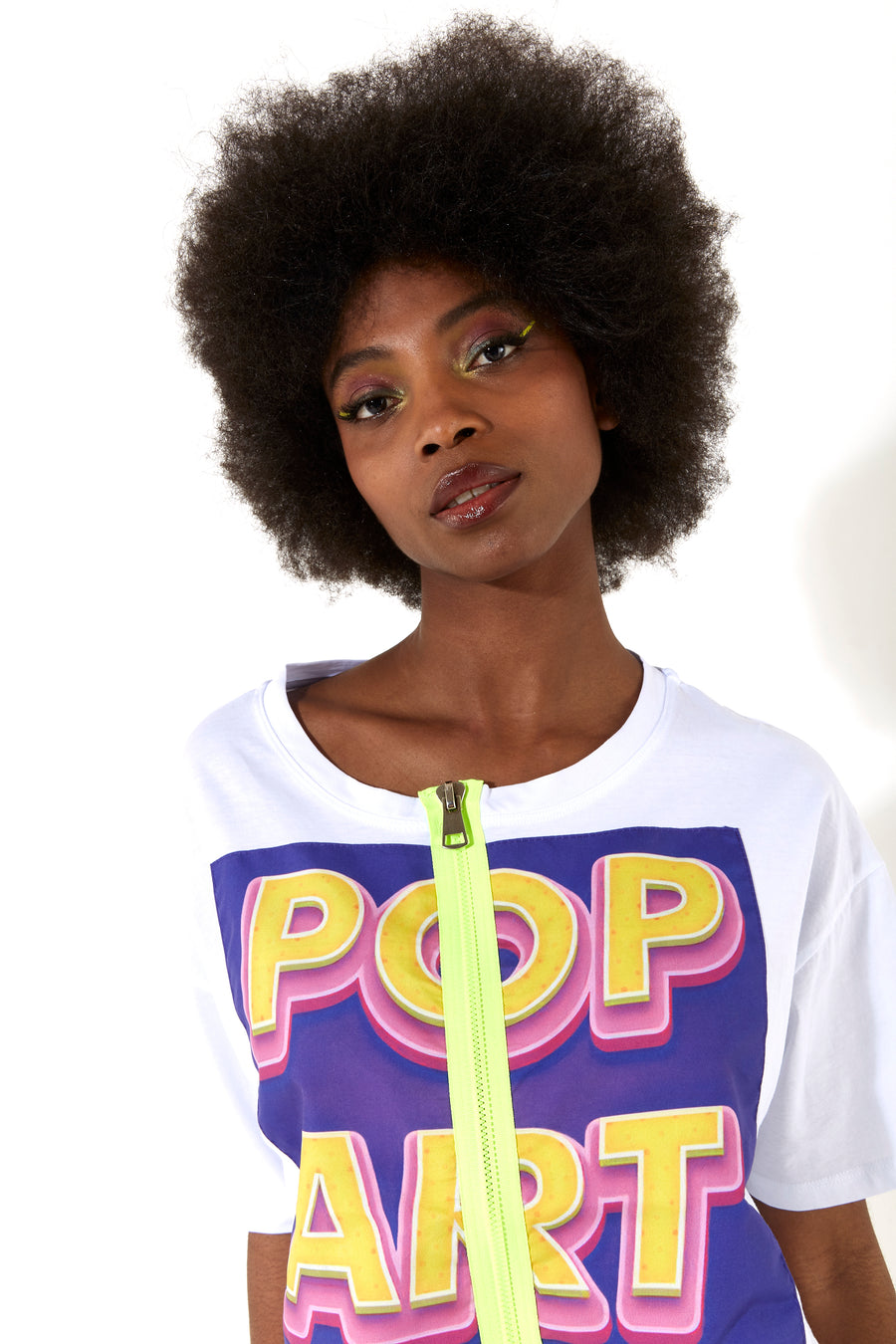 House of Holland unisex white t-shirt with pop-art digital print and neon zip detail