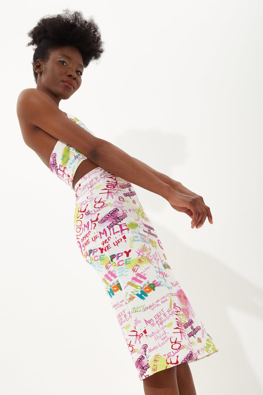 HOUSE OF HOLLAND PRINTED JERSEY MIDI DRESS WITH KNOT FRONT AND CUT OUT AND TIED NECK