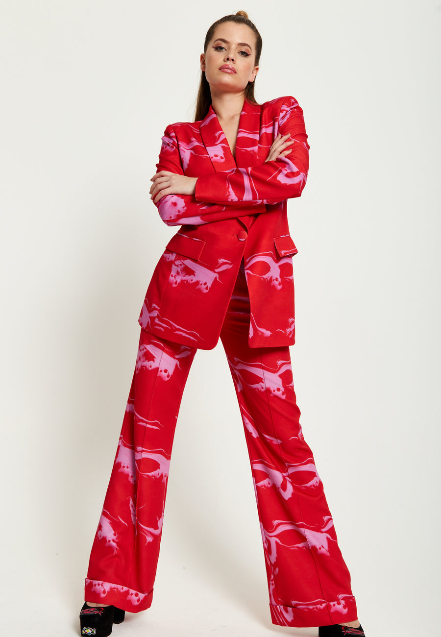 House Of Holland Marble Print Suit Trouser In Red And Pink