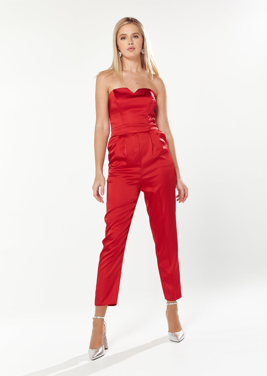 HOUSE OF HOLLAND SATIN BANDEAU JUMPSUIT IN RED
