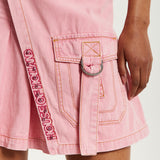 House of Holland Light Pink Pleated Denim Skirt with Studded Embroidered Logo