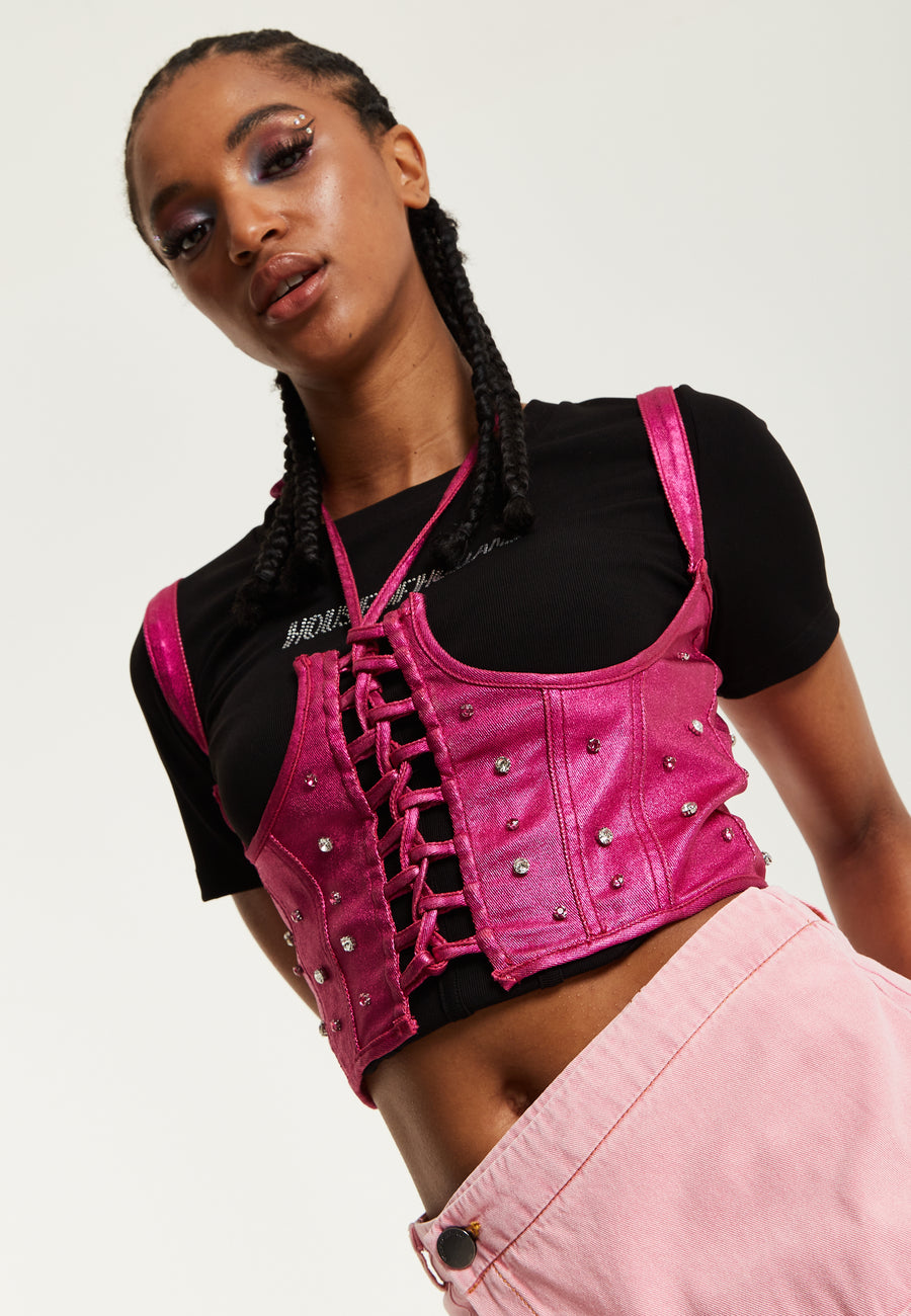 House of Holland Hot Pink Studded Corset Top