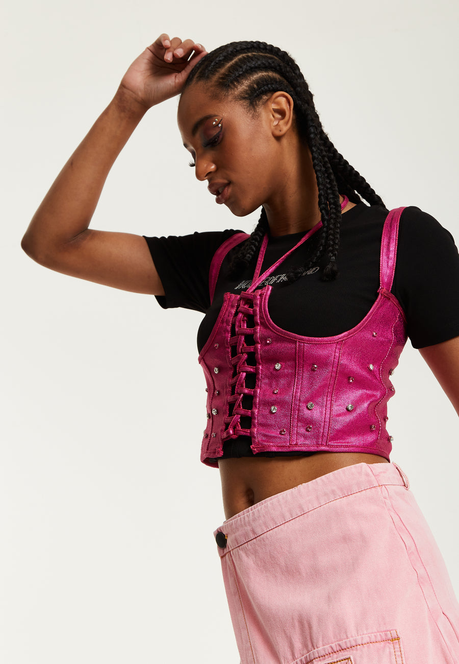 House of Holland Hot Pink Studded Corset Top