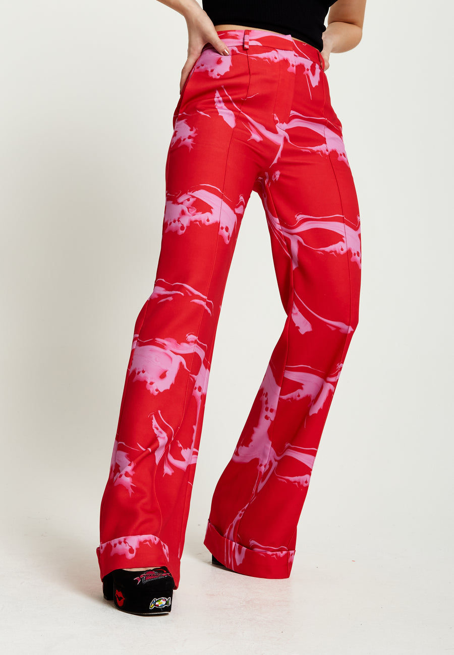 House Of Holland Marble Print Suit Trouser In Red And Pink
