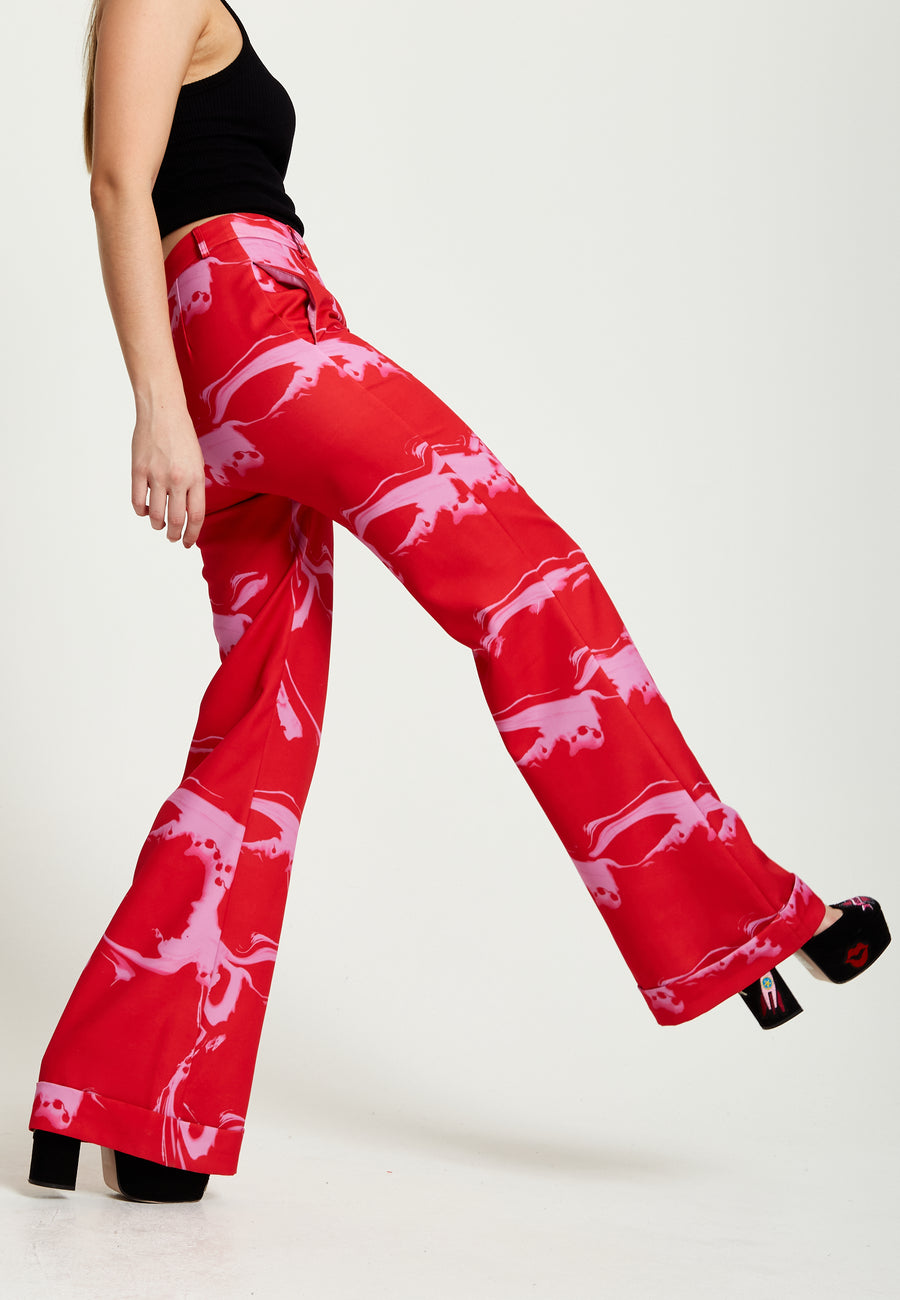 House Of Holland Marble Print Suit Trouser In Red And Pink