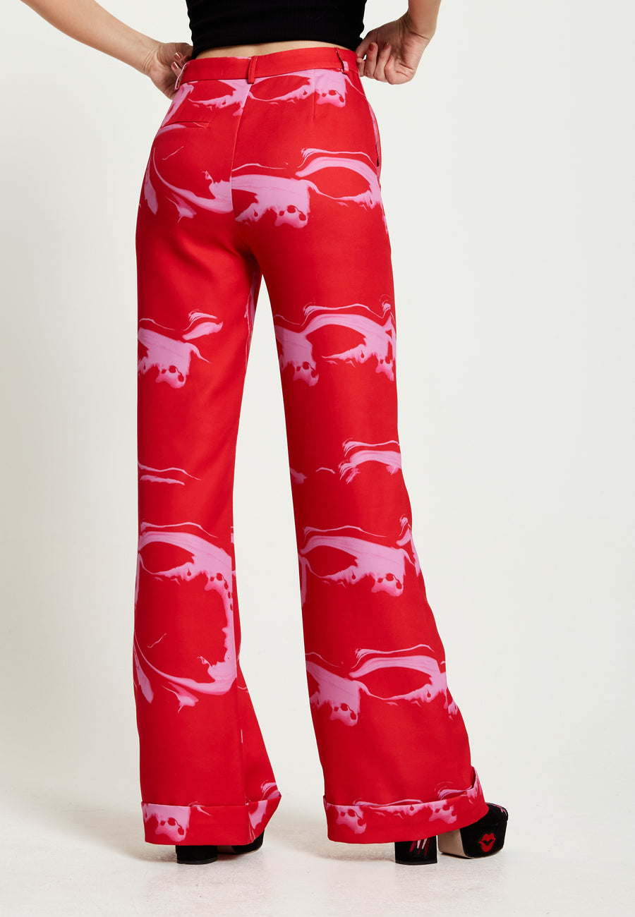 House Of Holland Marble Print Suit Trouser In Red And Pink