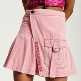 House of Holland Light Pink Pleated Denim Skirt with Studded Embroidered Logo