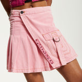 House of Holland Light Pink Pleated Denim Skirt with Studded Embroidered Logo