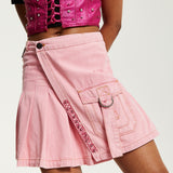 House of Holland Light Pink Pleated Denim Skirt with Studded Embroidered Logo