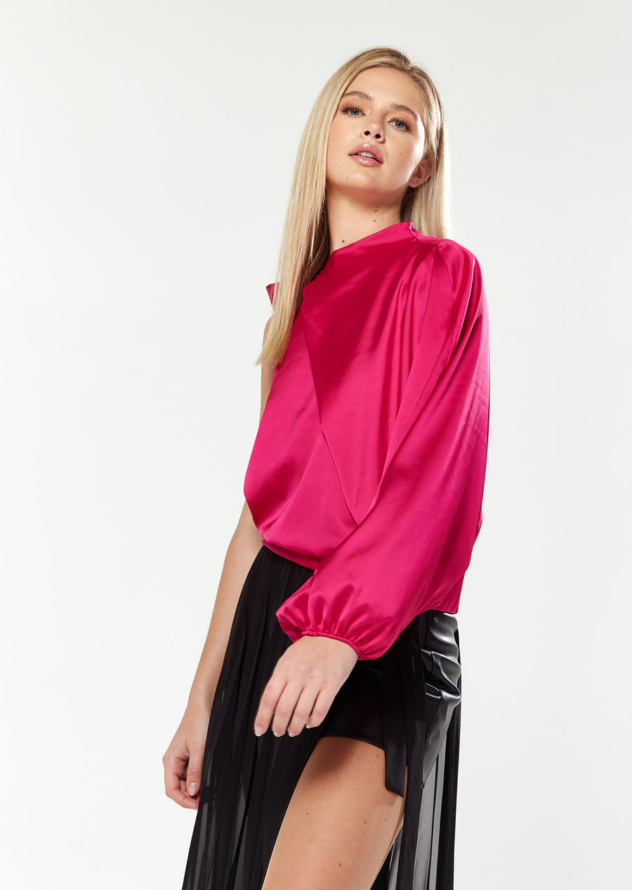 HOUSE OF HOLLAND ASYMMETRIC VOLUMINOUS SLEEVE TOP IN PINK